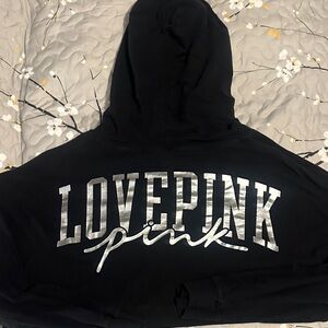 Victoria Secrets Black Hoodie with Silver 'LOVE PINK' Print XL